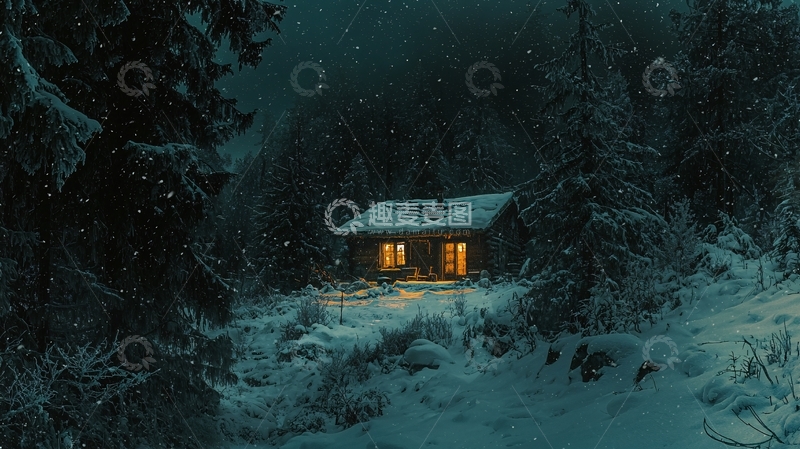 高清大图下载【趣麦麦图】冬季雪夜森林小屋