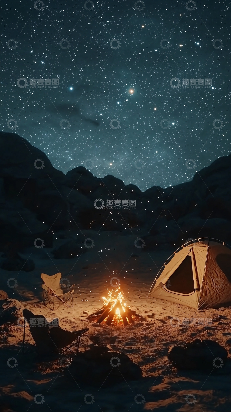 高清大图下载【趣麦麦图】星空下篝火营地