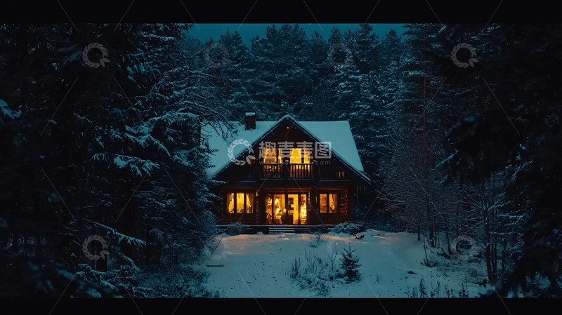 高清大图下载【趣麦麦图】雪夜森林木屋