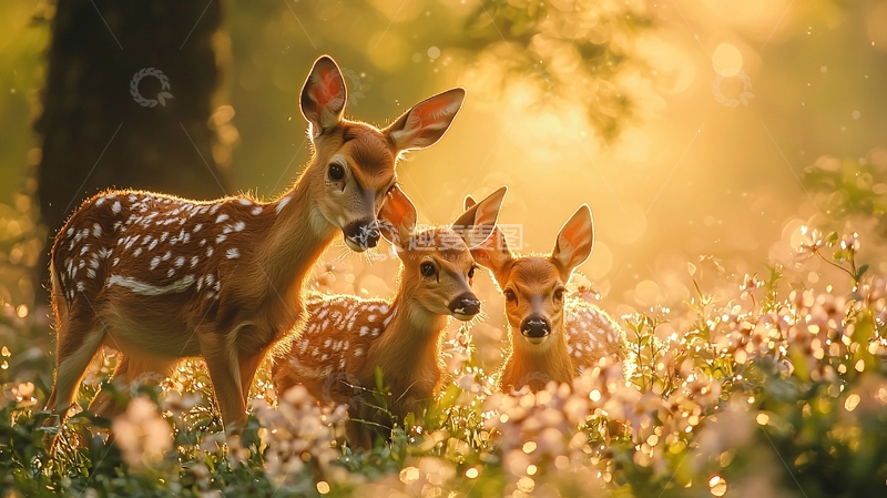 高清大图下载【趣麦麦图】小鹿一家在花丛中