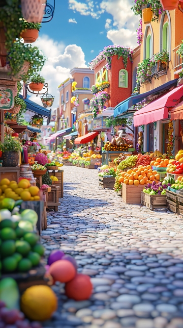 色彩鲜艳的地中海风格水果市场