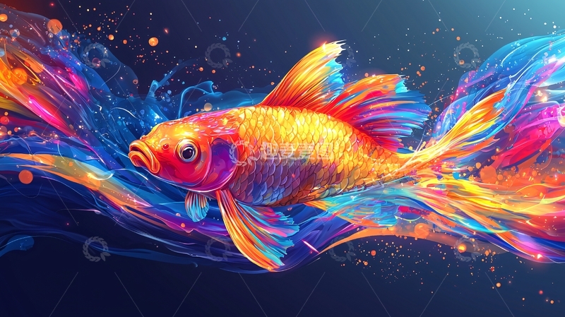高清大图下载【趣麦麦图】多彩金鱼在蓝色背景中