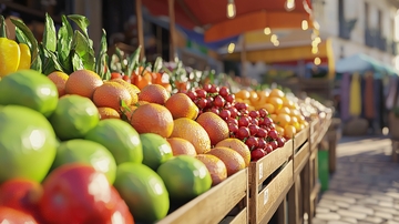 阳光下琳琅满目的水果蔬菜摊