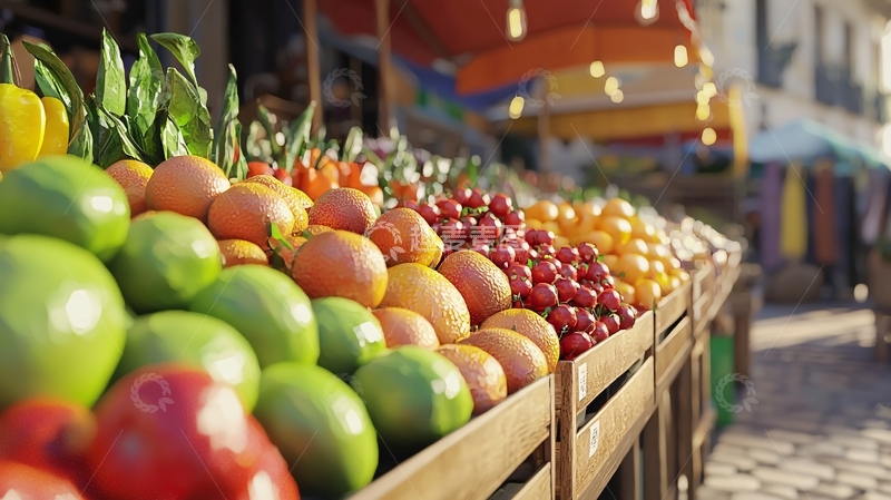 高清大图下载【趣麦麦图】阳光下琳琅满目的水果蔬菜摊