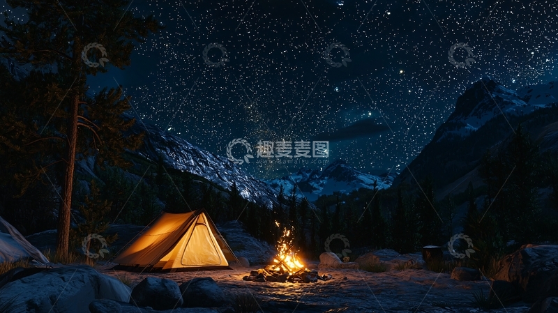 高清大图下载【趣麦麦图】星空下营地篝火