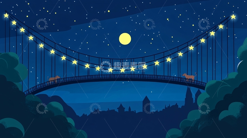 高清大图下载【趣麦麦图】星空下的吊桥夜景