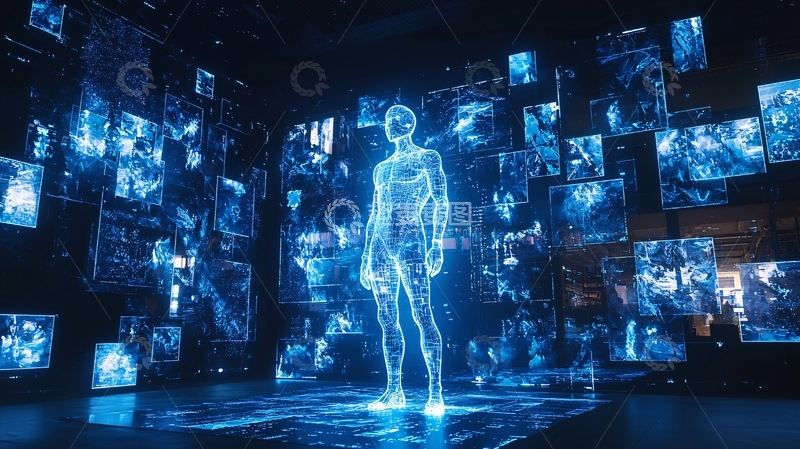 高清大图下载【趣麦麦图】虚拟人站在科技感屏幕前