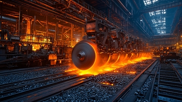 炽热的钢卷在铁轨上