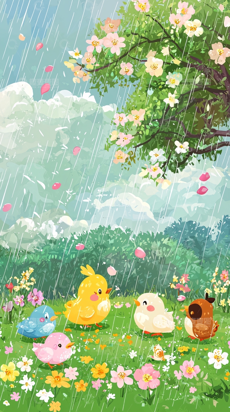 高清大图下载【趣麦麦图】雨中花丛小鸟