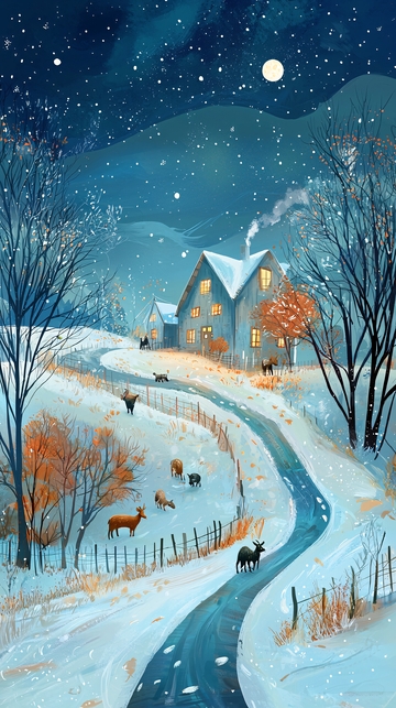 冬夜雪景乡村小屋