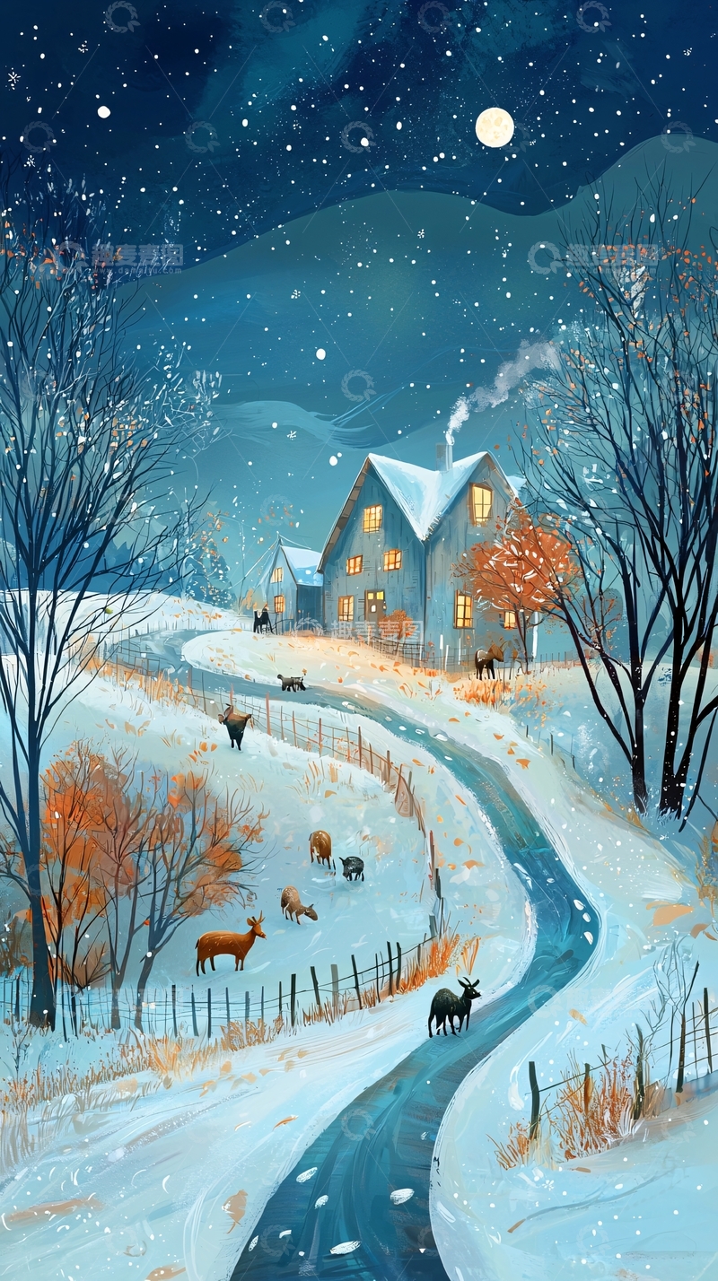 高清大图下载【趣麦麦图】冬夜雪景乡村小屋