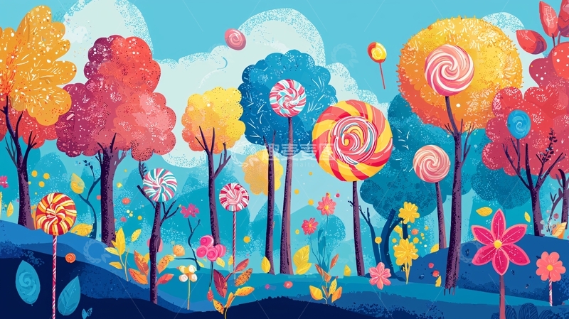 高清大图下载【趣麦麦图】彩色糖果树林背景