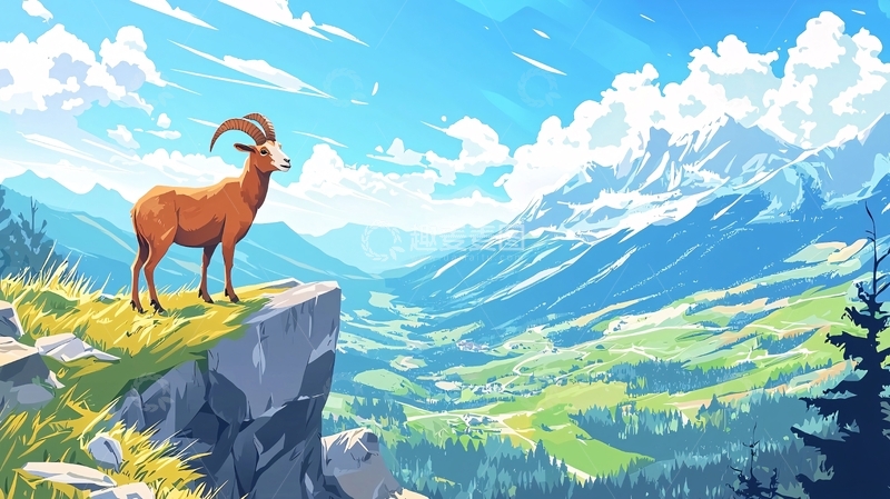 高清大图下载【趣麦麦图】山崖上的羚羊远眺山脉