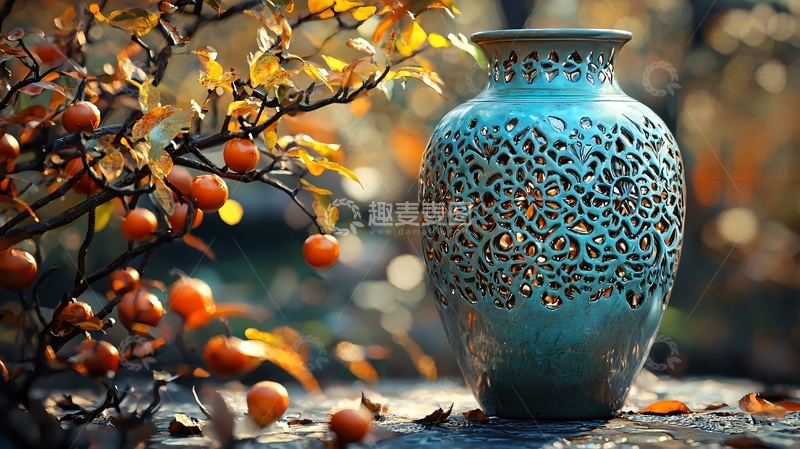 高清大图下载【趣麦麦图】蓝色镂空花瓶与秋日果实
