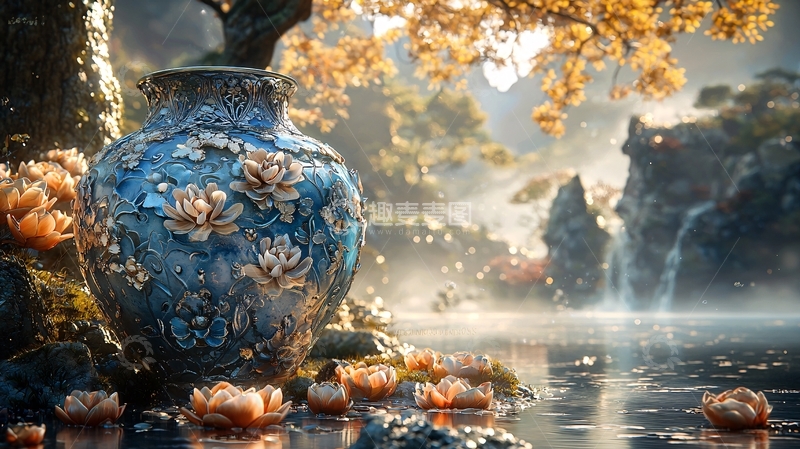 高清大图下载【趣麦麦图】精美花瓶湖边秋景