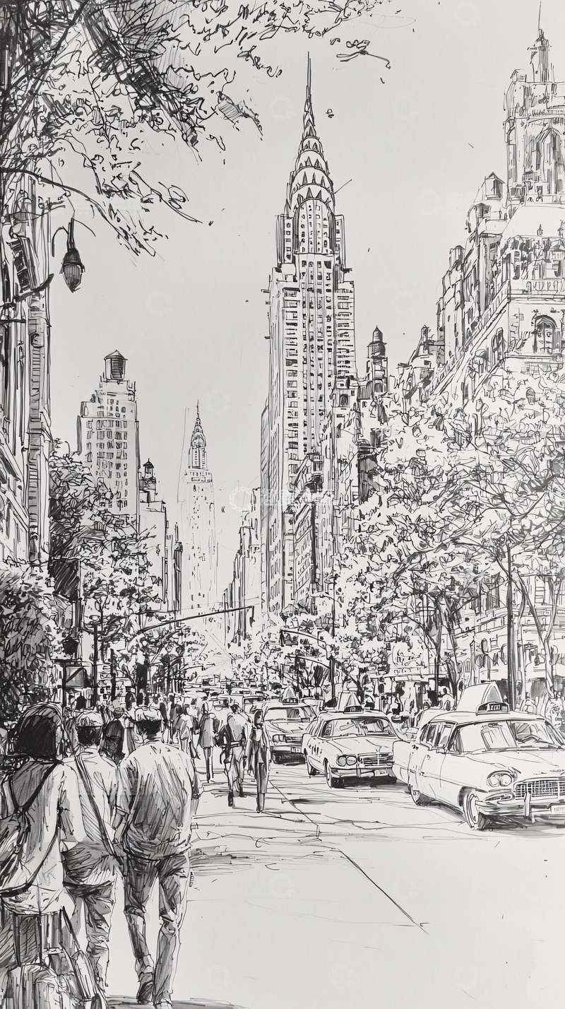 高清大图下载【趣麦麦图】克莱斯勒大厦街景速写