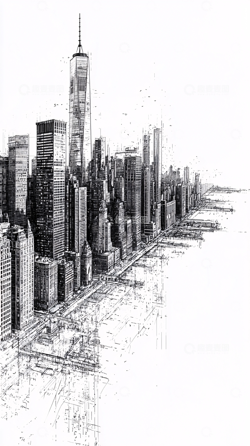 高清大图下载【趣麦麦图】纽约城市天际线素描