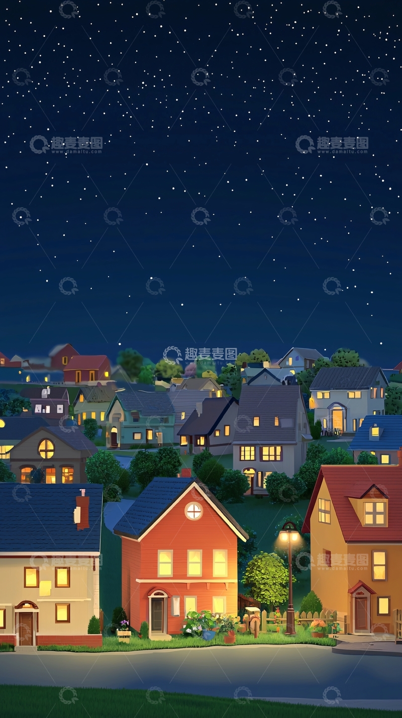 高清大图下载【趣麦麦图】星空下的宁静小镇