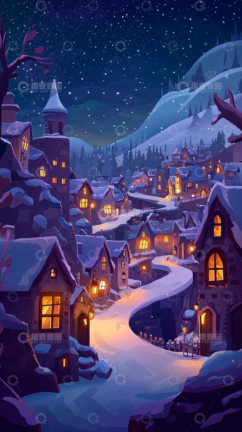 高清大图下载【趣麦麦图】冬夜雪景山村小镇
