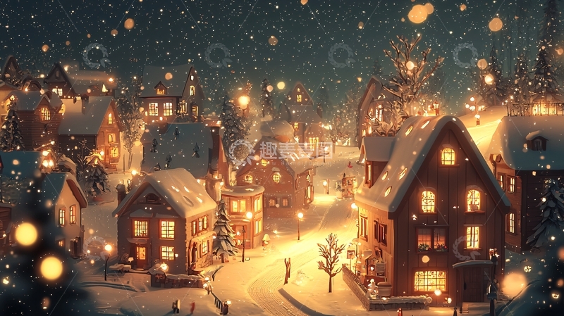 高清大图下载【趣麦麦图】冬夜雪景小镇