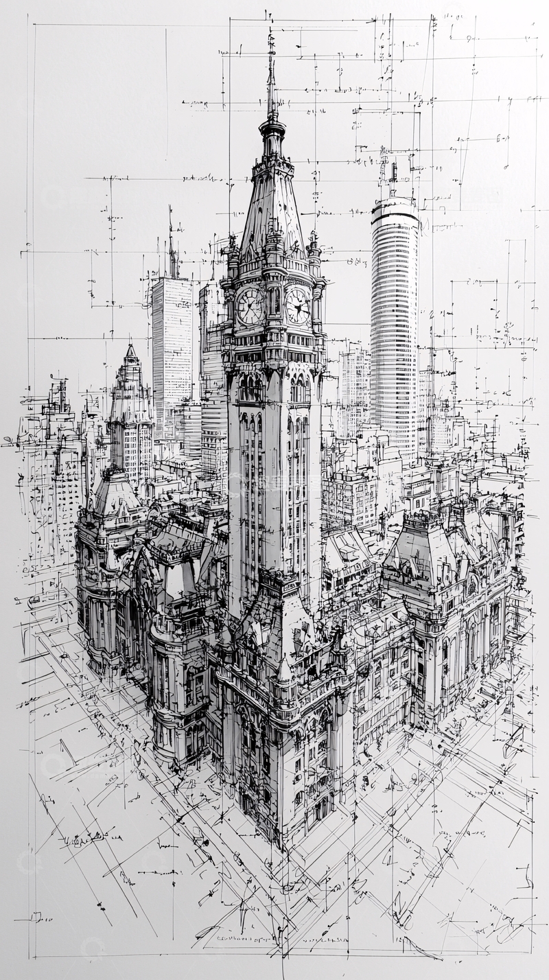 高清大图下载【趣麦麦图】城市建筑手绘草图