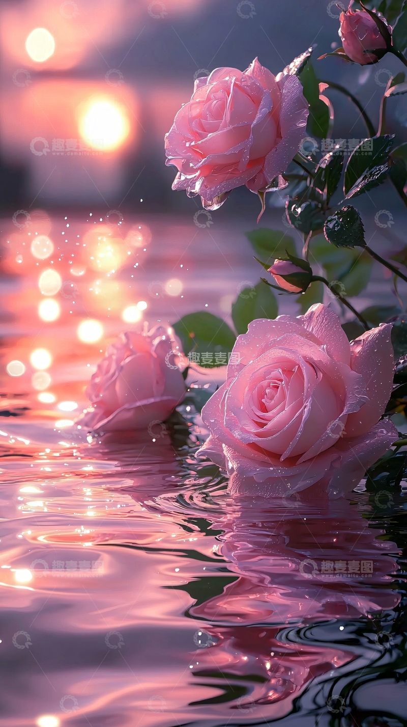 高清大图下载【趣麦麦图】粉嫩玫瑰水上漂浮