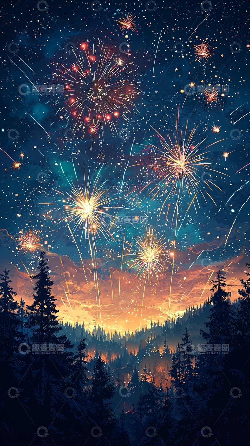 高清大图下载【趣麦麦图】璀璨星空下的绚丽烟花