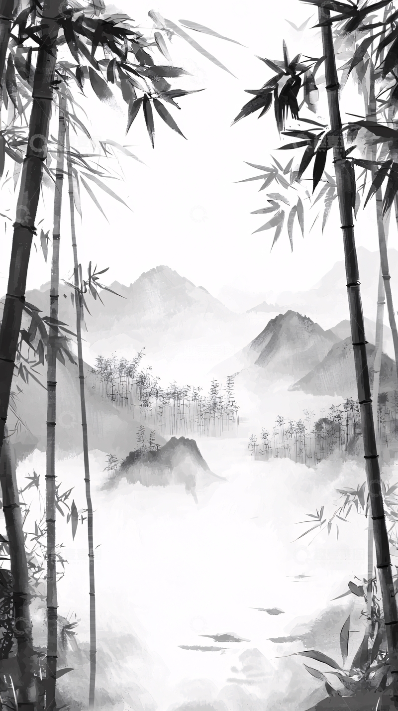 高清大图下载【趣麦麦图】水墨画竹林山水