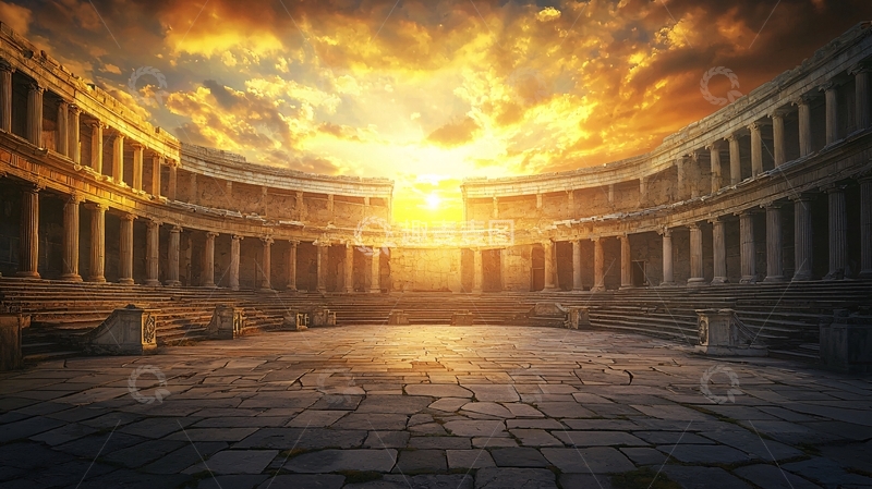 高清大图下载【趣麦麦图】日落余晖下的古老圆形剧场