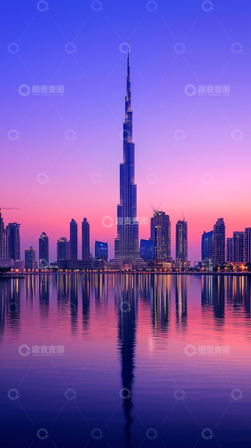 高清大图下载【趣麦麦图】迪拜哈利法塔日落倒影