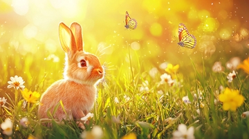 阳光下的小兔子和蝴蝶
