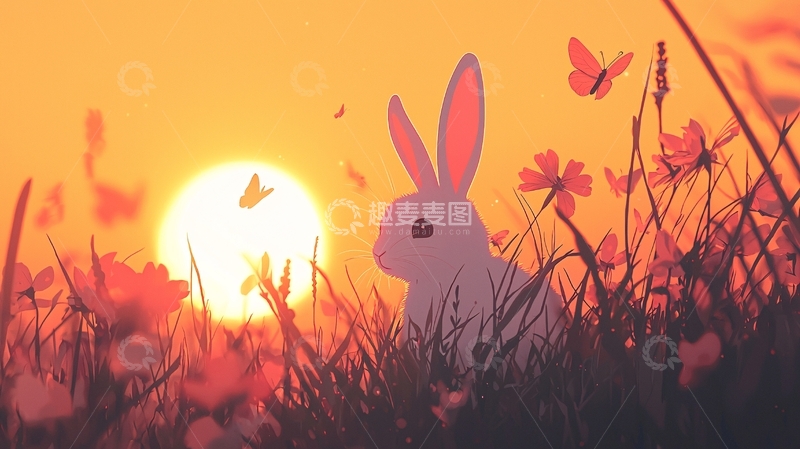 高清大图下载【趣麦麦图】夕阳下的小白兔
