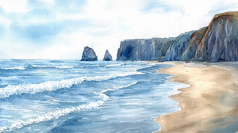 高清大图下载【趣麦麦图】水彩海滩风景4