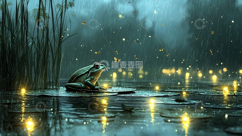 高清大图下载【趣麦麦图】雨夜青蛙萤火虫