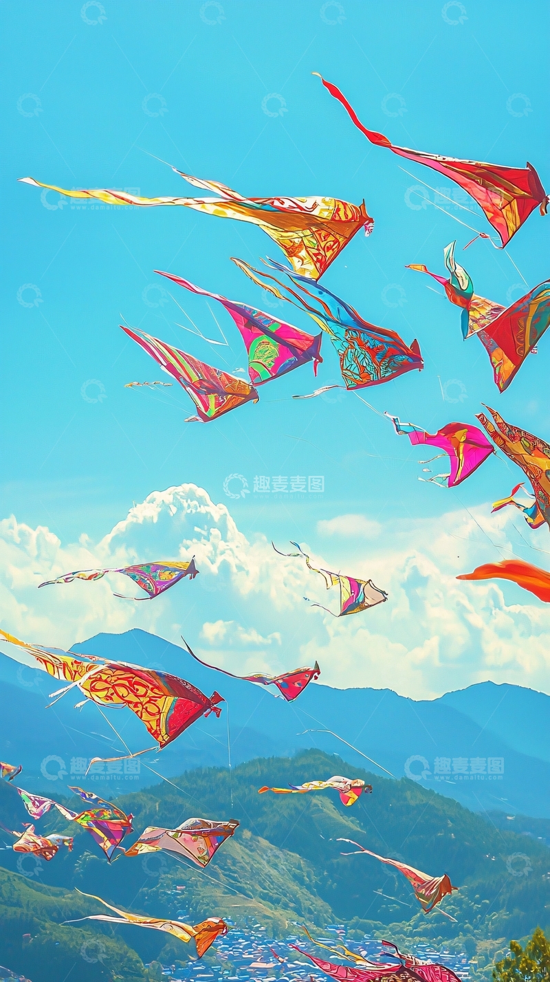 高清大图下载【趣麦麦图】蓝天白云下飞翔的风筝