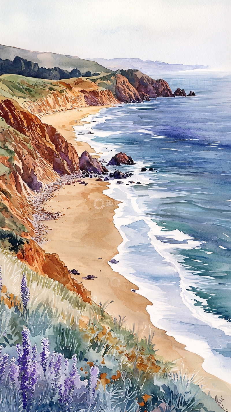 高清大图下载【趣麦麦图】海边水彩风景画