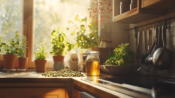 阳光洒进厨房的绿色植物