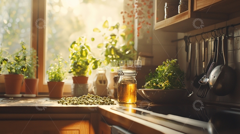 高清大图下载【趣麦麦图】阳光洒进厨房的绿色植物
