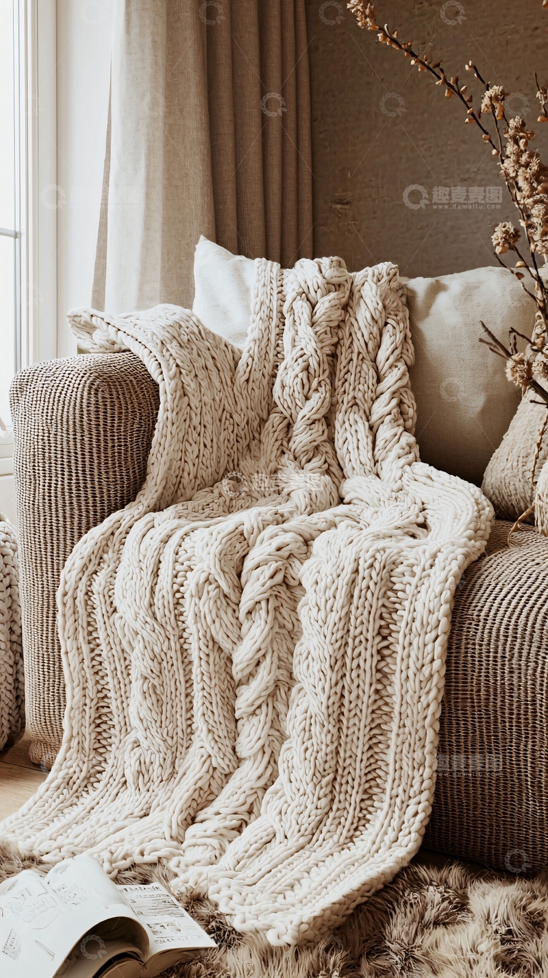 高清大图下载【趣麦麦图】米色针织毯沙发一角