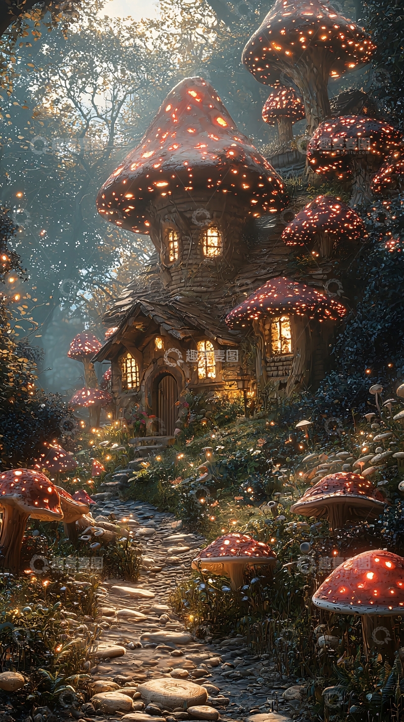 高清大图下载【趣麦麦图】蘑菇小屋森林梦境夜光