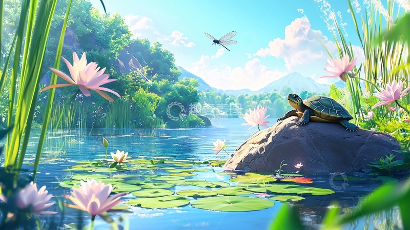 高清大图下载【趣麦麦图】宁静祥和的湖边乌龟图