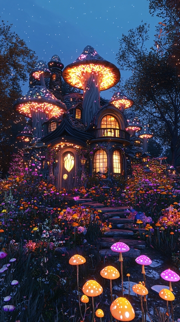 童话蘑菇屋夜晚花园