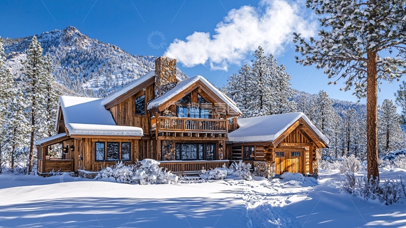 高清大图下载【趣麦麦图】雪山下的木屋