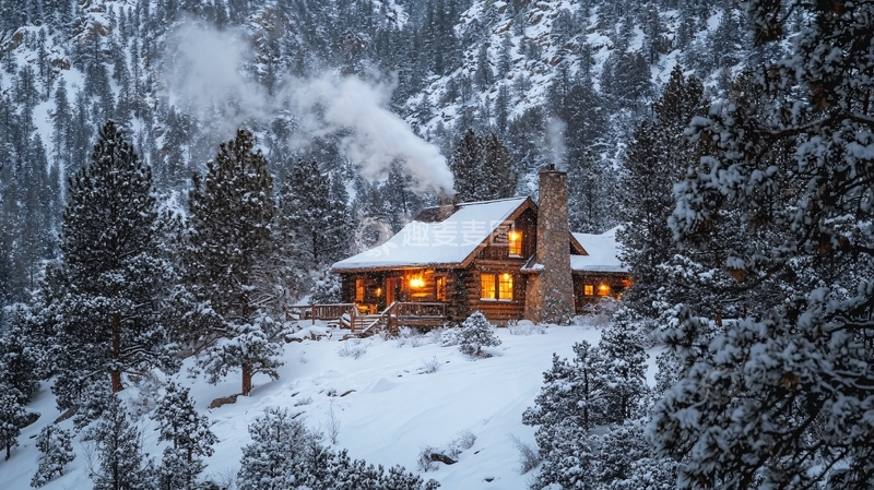 高清大图下载【趣麦麦图】雪中木屋温暖灯光