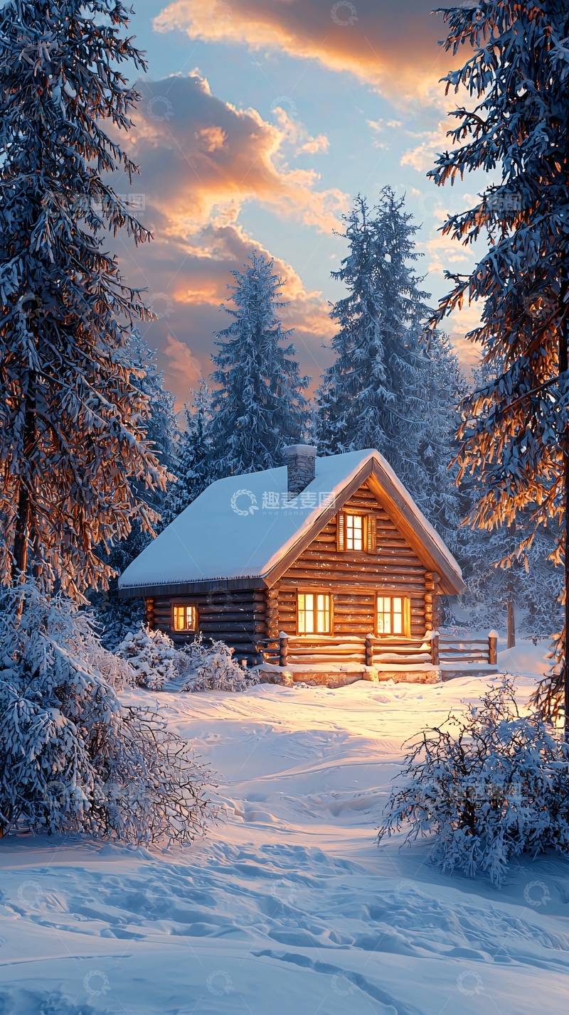 高清大图下载【趣麦麦图】雪夜森林里温暖的小木屋
