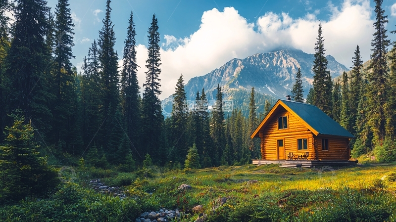 高清大图下载【趣麦麦图】森林小屋在山脚下