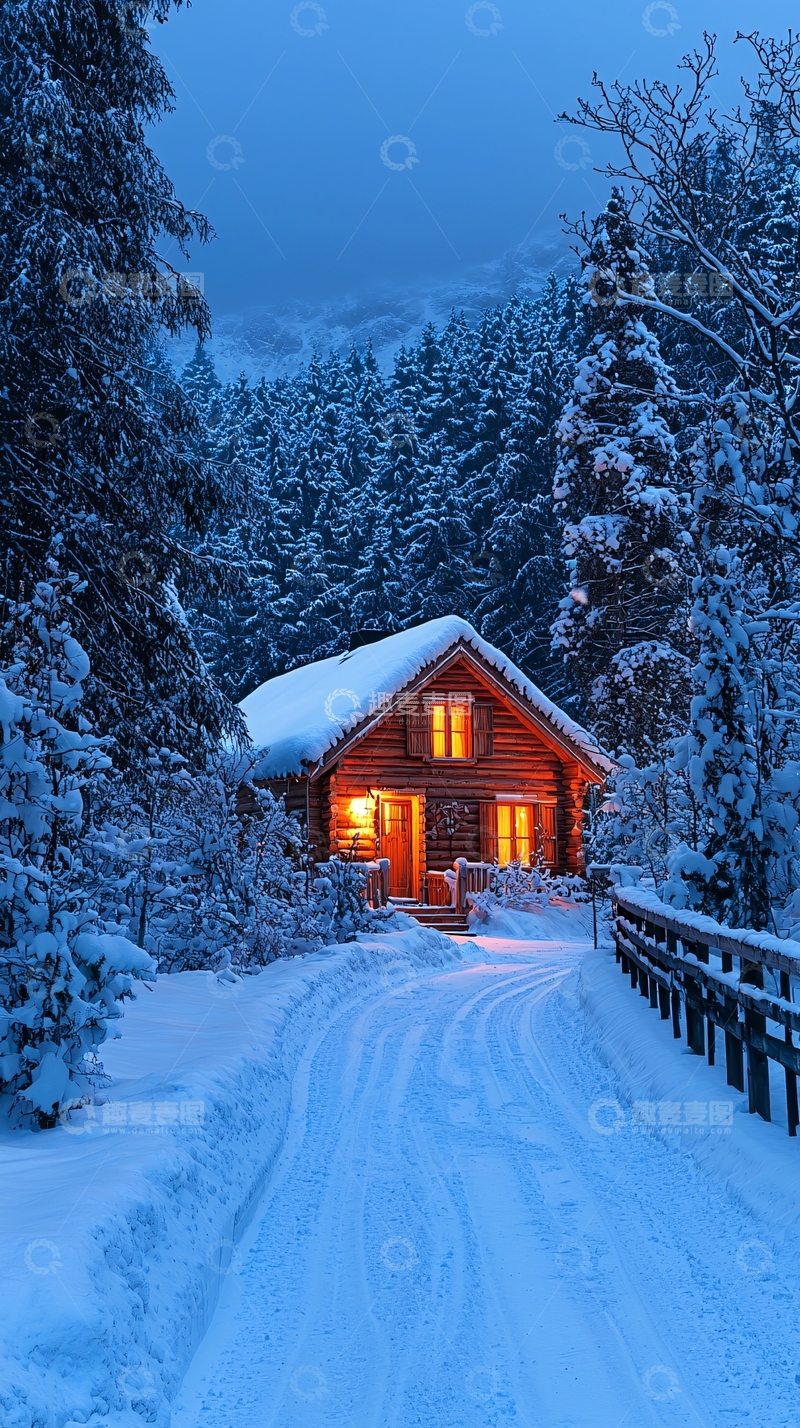 高清大图下载【趣麦麦图】雪夜森林里温暖的小木屋