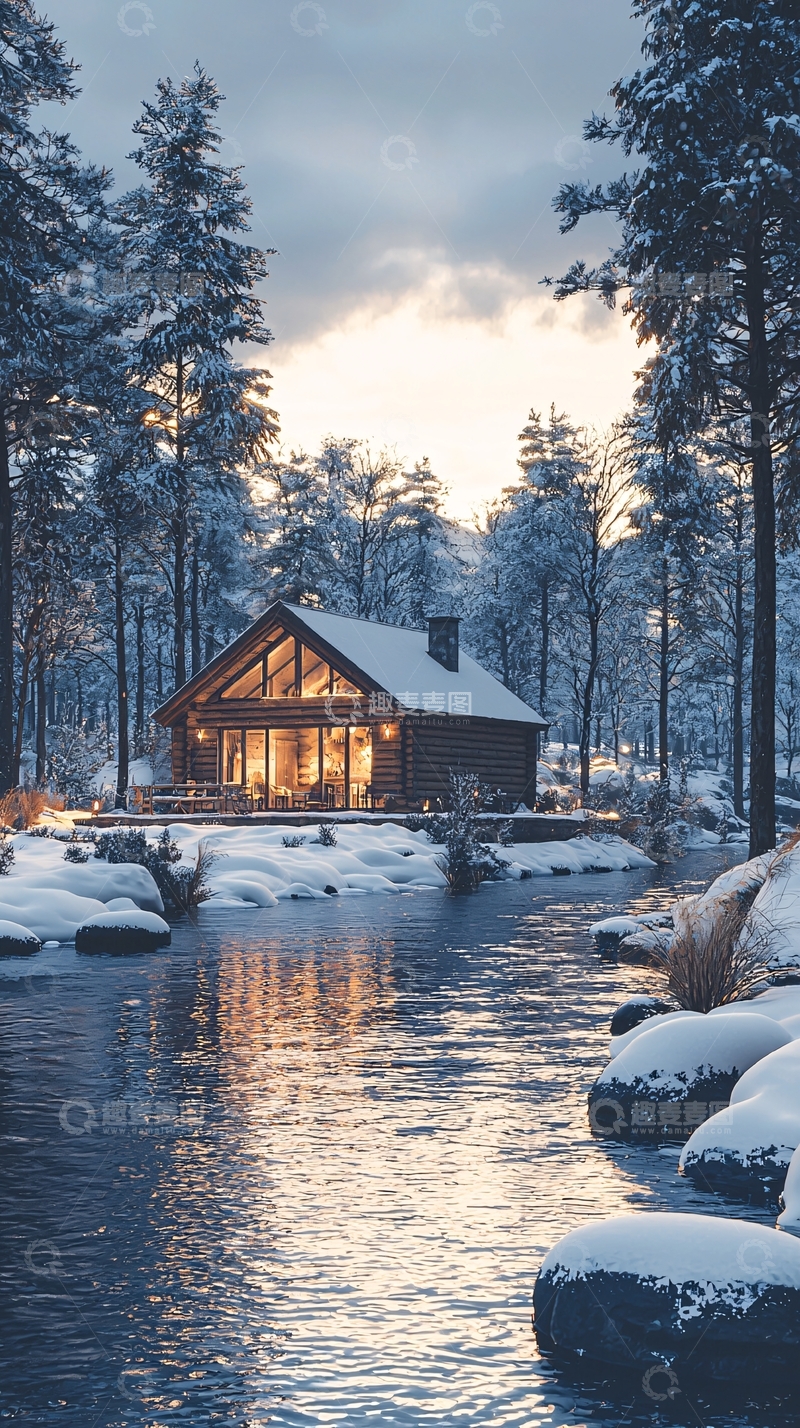 高清大图下载【趣麦麦图】雪中林间小屋