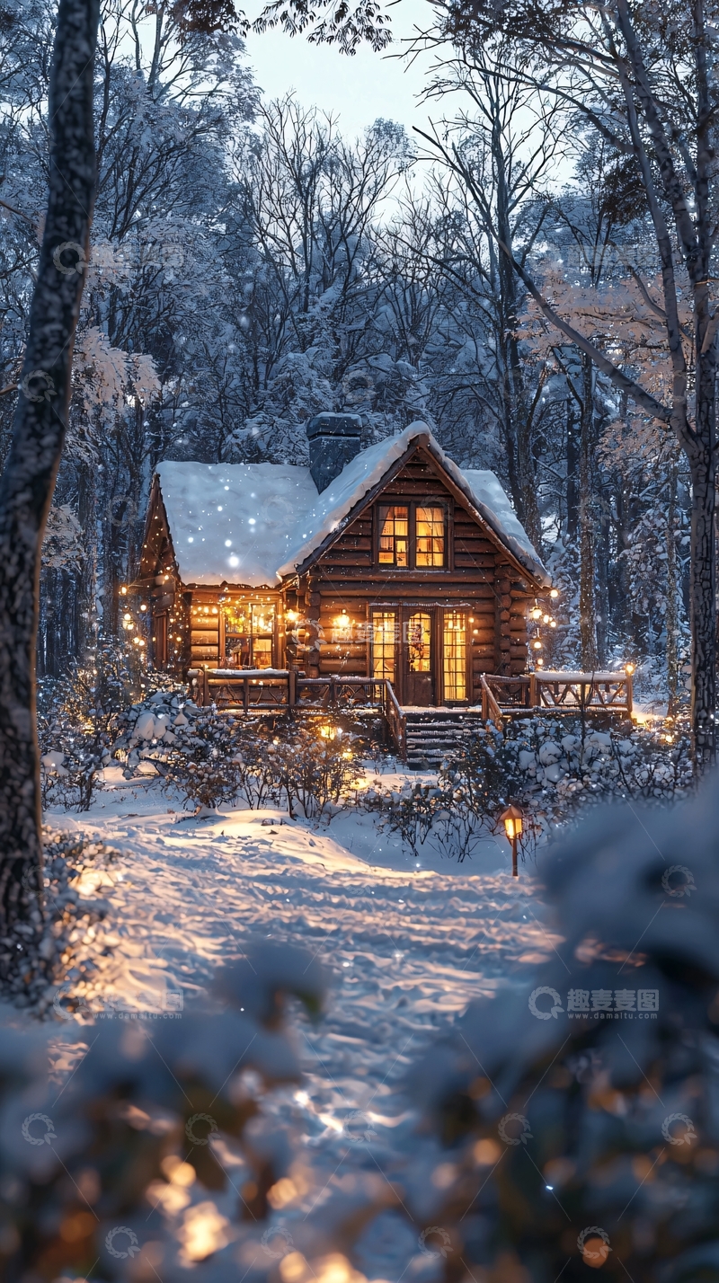 高清大图下载【趣麦麦图】雪夜森林中的温暖小木屋