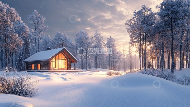 高清大图下载【趣麦麦图】雪地木屋温暖灯光